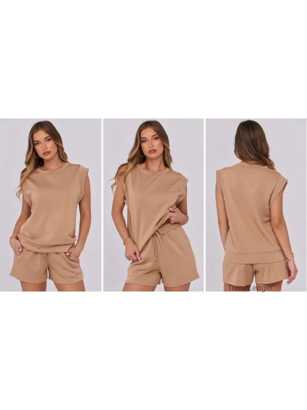 Women's 2 Piece Lounge Short Set Crewneck Cap Sleeve Drawstring